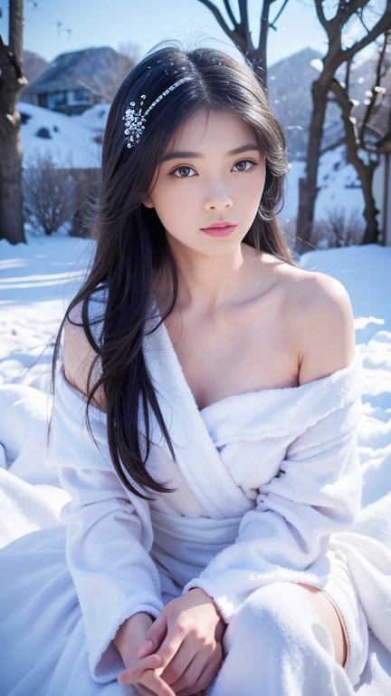 Beautiful detailed woman,very detailed eyes and faces, A detailed eye, ultra - detailed, A high resolution, The is very detailed,best qualtiy,illustratio,unified,8k wallpaper,tmasterpiece,best qualtiy,1girll,，georgeous looks，full bodyesbian，flowing robe，Super beautiful face, super beautiful eye,Flowing hair， Shawl hair，Simple hair accessories，full bodyesbian，Plain white dress，long yarn，Beautiful picture，snowy day，snowfield，clubs，See plum blossoms in the snow，enjoying，gentleness，Casual pose