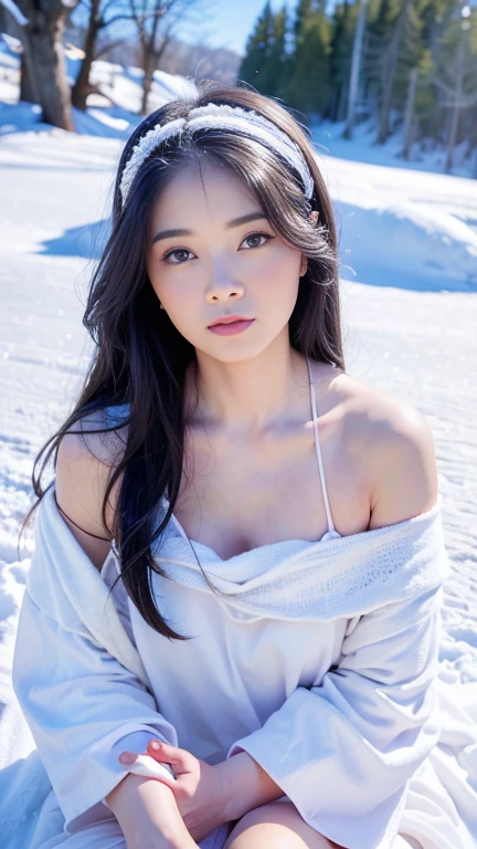 Beautiful detailed woman,very detailed eyes and faces, A detailed eye, ultra - detailed, A high resolution, The is very detailed,best qualtiy,illustratio,unified,8k wallpaper,tmasterpiece,best qualtiy,1girll,,georgeous looks,full bodyesbian,flowing uper beautiful face, super beautiful eye,Flowing hair, Shawl hair,Simple hair accessories,full bodyesbian,Plain white dress,long yarn,Beautiful picture,snowy day,snowfield,clubs,See plum blossoms in the snow,enjoying,gentleness,Casual pose