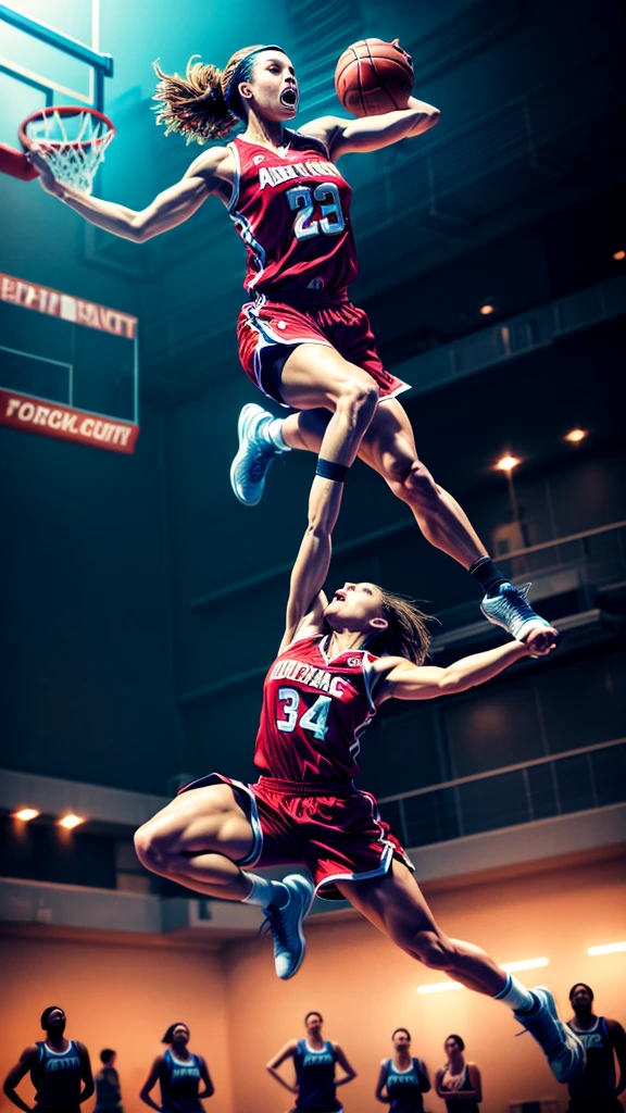 detailed muscular female basketball player, mid-air basketball dunk, powerful jump, intense expression, dynamic action pose, court floor, crowd cheering, dramatic lighting, cinematic angle, hyper-realistic, 8k, photorealistic, masterpiece, epic sports art, vibrant colors, dramatic shadows