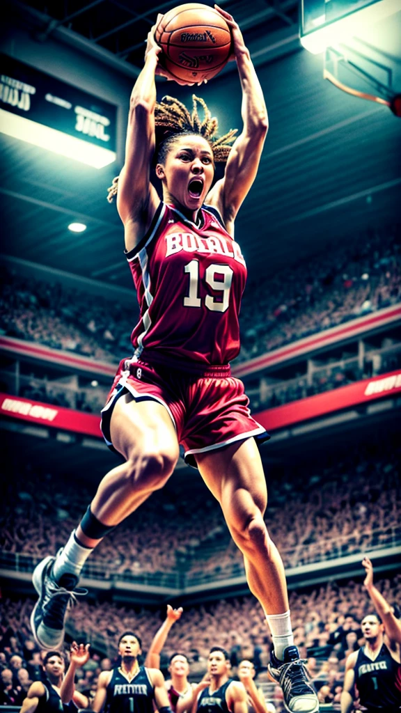 a beautiful female basketball player, performing a dunk shot, extremely detailed face and body, muscular athletic physique, focused expression, mid-air pose, basketball court background, dynamic motion blur, dramatic lighting, vibrant colors, cinematic composition, hyper realistic, award winning photograph quality