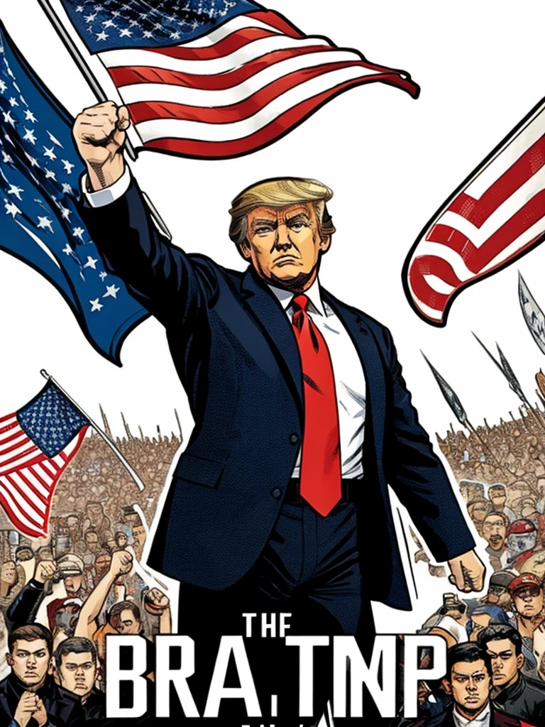 A dramatic comic book style illustration，Depicting the assassination of former US President Donald Trump。He stood under the American flag，Raise your fist in protest，Shouting &quot;Fight！”。There was a determined look on his face.，The wound and blood on the right ear are clearly visible。Secret Service agents surrounded him，One of the agents is backing him up.。The scene is tense and full of action，Captured a crucial and touching moment。--ar 4:3 -- Comic Style -- Quality 4