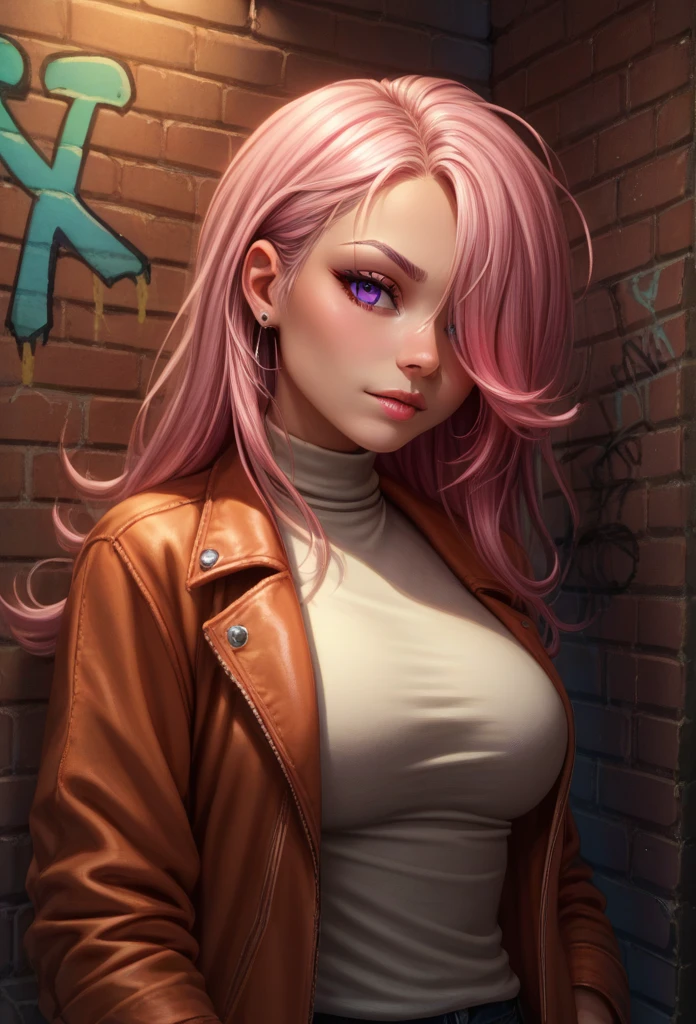 score_9, score_8_up, score_7_up, detailed, 1girl, solo, intricate details, chromatic aberration, realistic, long hair, pink hair, red head ornament, pink highlights, hair over one eye, purple eyes, earrings, sharp eyes, choker, neon shirt, torn legwear, open jacket, turtleneck sweater, night,against wall, brick wall, graffiti, dim lighting, alley, looking at viewer