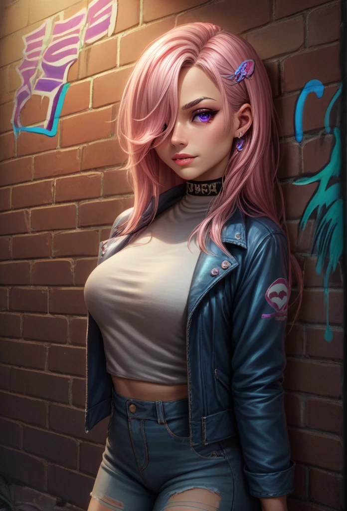 score_9, score_8_up, score_7_up, detailed, 1girl, solo, intricate details, chromatic aberration, realistic, long hair, pink hair, red head ornament, pink highlights, hair over one eye, purple eyes, earrings, sharp eyes, choker, neon shirt, torn legwear, open jacket, turtleneck sweater, night,against wall, brick wall, graffiti, dim lighting, alley, looking at viewer