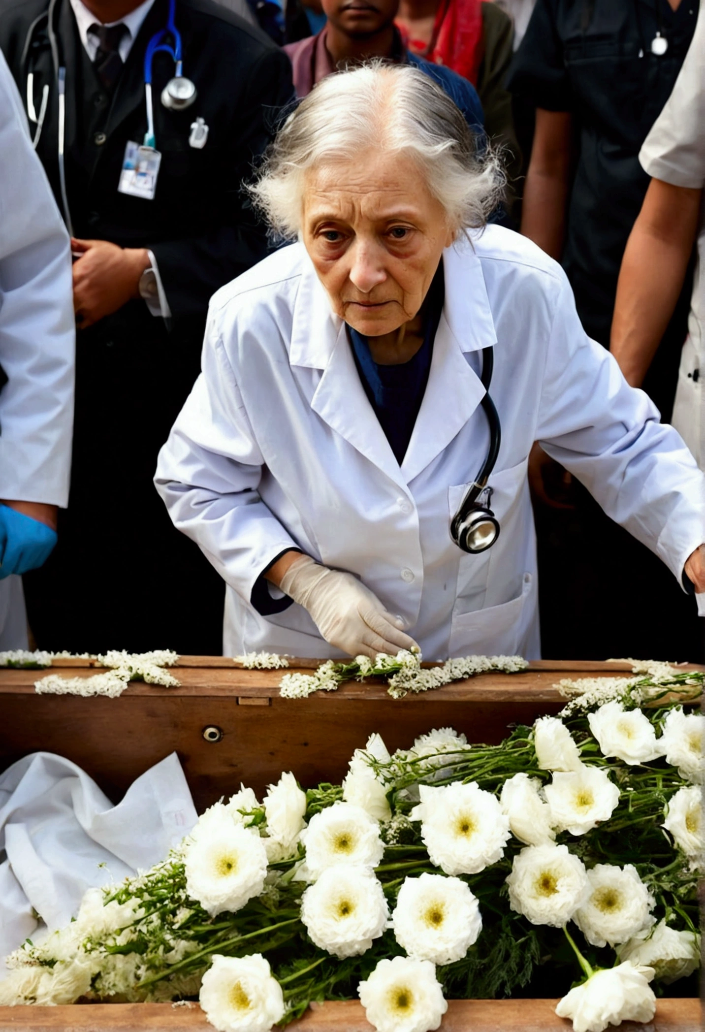 Old woman,On top of a coffin in a morgue in a conflict zone, a doctor's white coat, stained with fresh blood due to a bullet hole, is displayed along with a stethoscope and a doctor's bag, surrounded by many white flowers.、cross、large crowd of mourners、(((A quick take-up of the idea)))