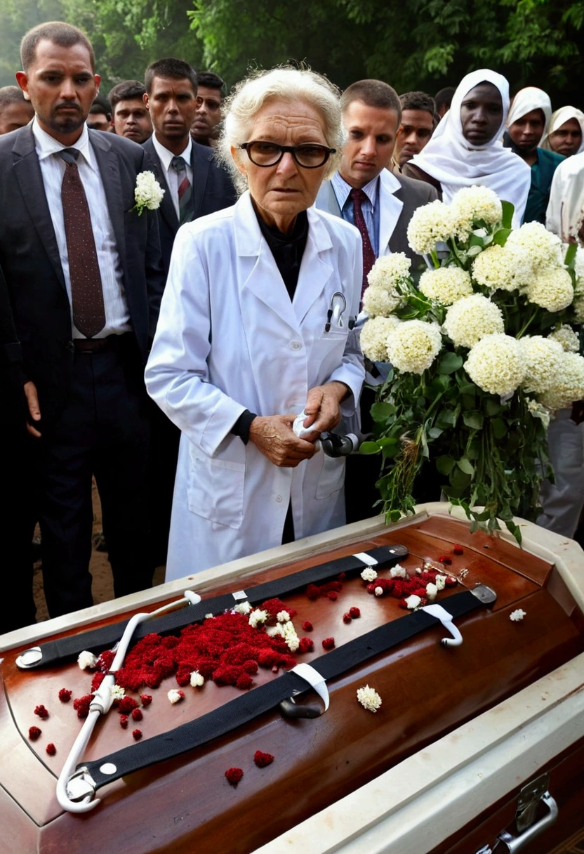 Old woman,On top of a coffin in a morgue in a conflict zone, a doctor&#39;s white coat, stained with fresh blood due to a bullet hole, is displayed along with a stethoscope and a doctor&#39;s bag, surrounded by many white flowers.、cross、large crowd of mourners、(((A quick take-up of the idea)))