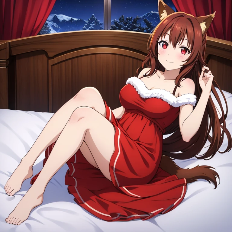 Fox ears, fox tail, brown hair, long hair, red eyes, red blush, smile, large breasts, bare shoulder dress, red long dress, on bed, bedroom, snow, night, looking at viewer, full body,