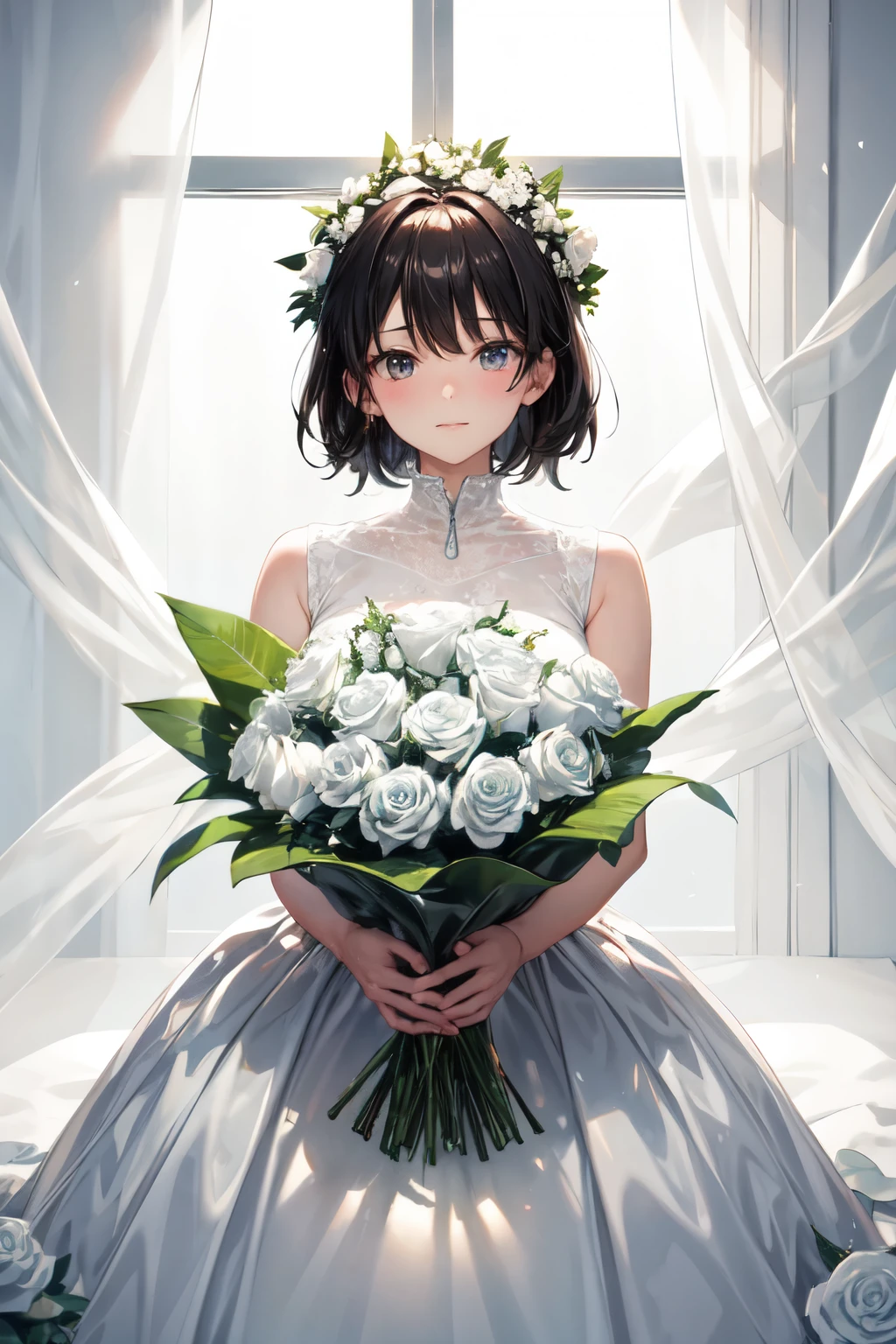 closed image, bouquet of leaves and white roses, white curtain background, larger bouquet in the image, close to the camera, white curtain background, no person