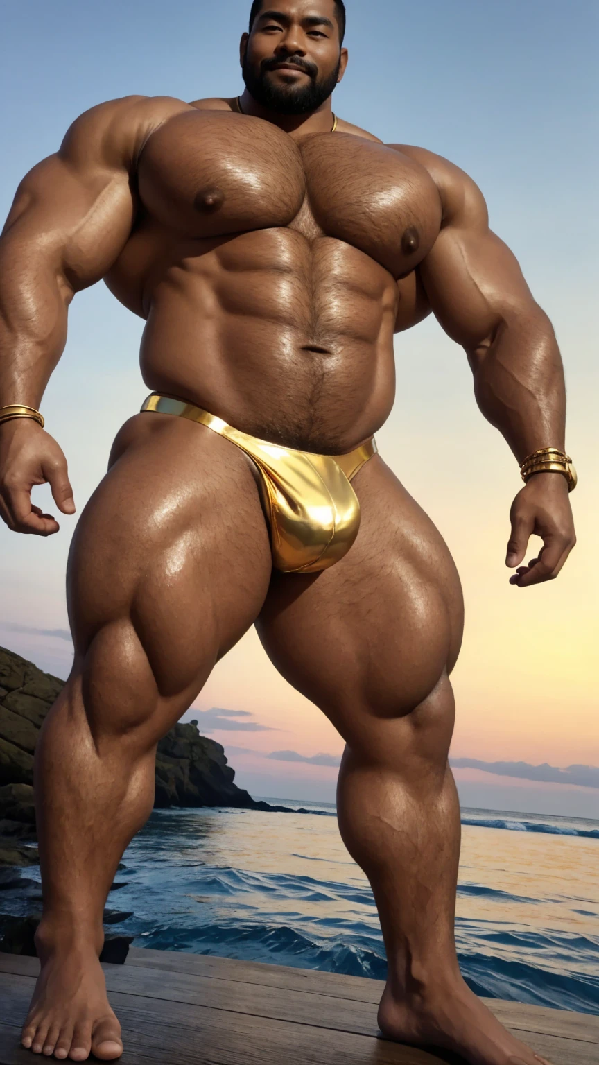 There is only one handsome Asian king in the photo,35 years old,tall, Fitness,Smooth body,Smooth skin,No chest hair,short hair, O-Shaped Beard,Perfect body, Dark skin color,Radiant Skin,Smooth skin,Shiny, shiny skin,Smooth pectoral muscles,Muscle bulge, muscular, Very large pectoral muscles,Very sexy abdominal muscles,Very well-developed leg muscles,Huge concave and convex area,Brightens oily skin,Wearing a shiny gold leather thong,Handsome face,Normal human toes,Correct and accurate male body proportions,Gold Collar,Gold bracelet,Gold anklets,Stand by the sea at dusk,Gradient sky, Gorgeous and dreamy,Charming dream scene,Dynamic poses,Epic。