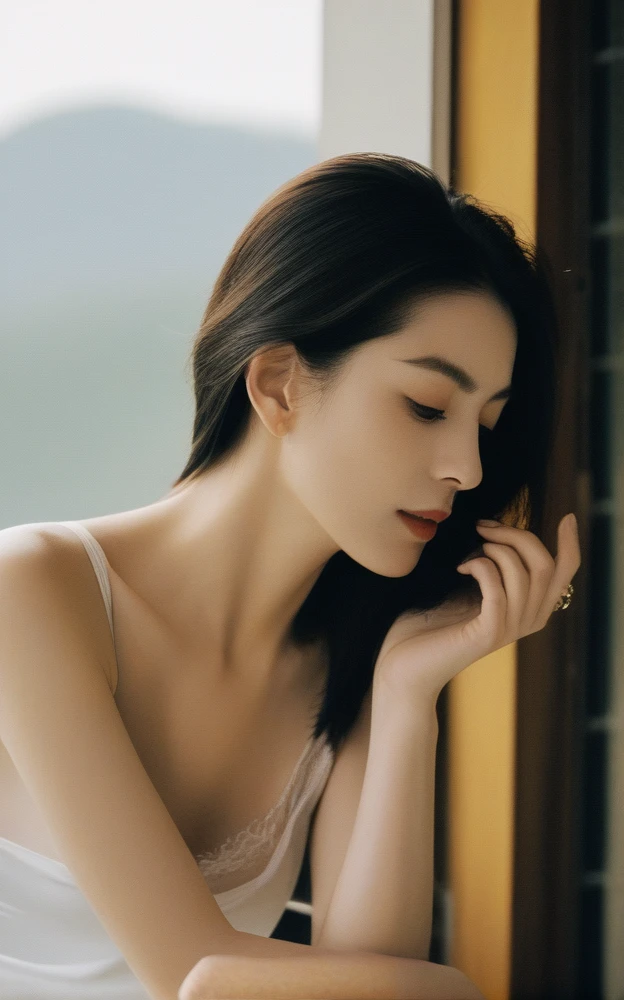 Close-up candid portrait photo of artistic young Korean woman, Retro-future, Movie stills, ((alone)), (Looks like Anne Hathaway: 0.9), Sit by the window, The sun shines on her face, Soft romantic lighting, Summer day, Leica SL3, Summicron SL75f/2. Asf, Kodak Gold 200 Film, Bare shoulders, Dynamic action poses,She wears a camisole so thin and black that her underwear shows through, her underwear is transparent, a graceful woman, a noble atmosphere, a celebrity, beautiful black hair, delicate face, detailed eyes,
