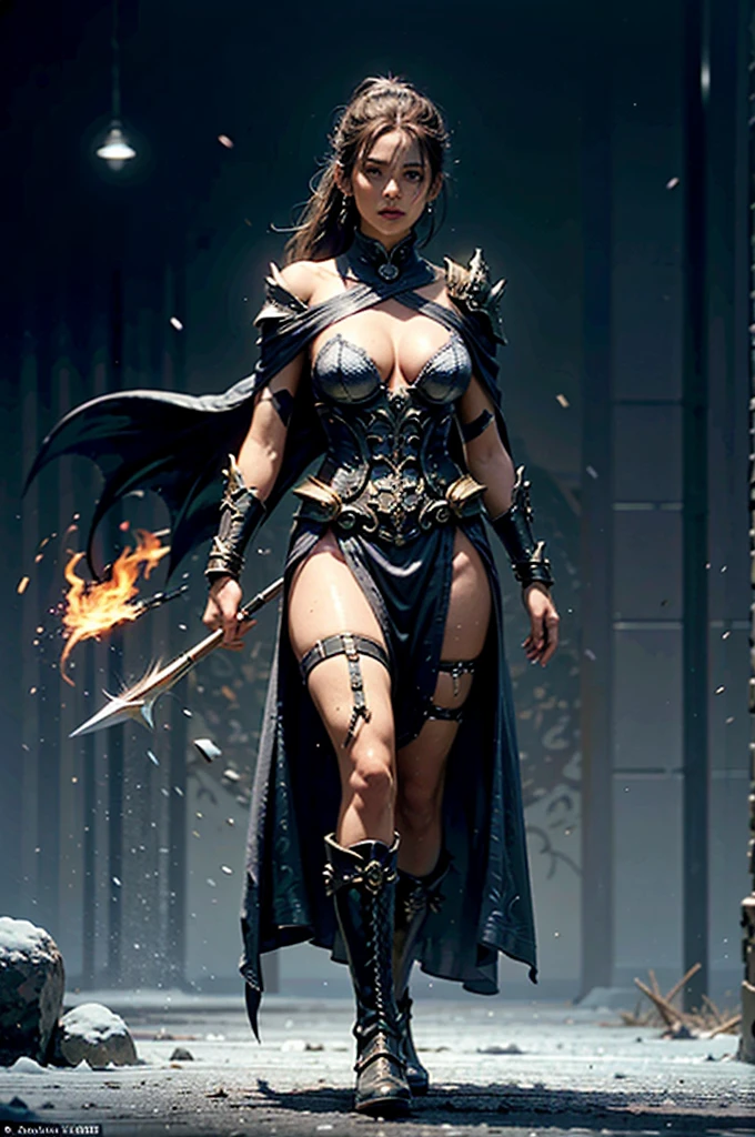 Elara stands at an average height, her slender yet toned frame encased in an ornate black and silver dragon-scale armor that gleams with a faint blue luminescence from the Gem of eternal ice. Her black hair falls in soft waves to shoulder length, typically tied in a high ponytail during journeys, allowing a few loose strands to frame her sculpted face. Her deep green eyes, bright and expressive, stand out against her delicate features and defined jawline, which is partially covered by the high collar of her armor. The armor itself is intricately designed, with dragon scales layered meticulously to provide both flexibility and formidable protection. The chest piece, adorned with runic engravings and the embedded Gema de Gelo Eterno, glows with a soft, icy light, symbolizing her control over the element of ice. Her shoulders and arms are protected by scaled pauldrons and vambraces, each piece etched with patterns reminiscent of dragon wings and fire motifs, now tinged with frost. Her legs are guarded by similarly crafted greaves, allowing for agile movement while offering robust defense. The boots are reinforced with metal tips and dragon scales, providing both durability and traction. At her back, a dark cloak with silver accents flows gracefully, adding to her regal and imposing presence. Elara’s hands grip a bow that has been reforged with the essence of Nargoth, its once plain wood now replaced with blackened steel and icy blue accents, mirroring her armor. The bowstring itself seems to shimmer with a mystical energy, capable of launching arrows imbued with both fire and ice. Overall, Elara’s appearance exudes a blend of fierce warrior strength and ethereal, almost otherworldly beauty, perfectly reflecting her evolution as a formidable archer and ice-wielder.

