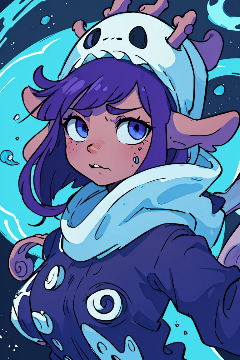 a white octopus with a blue and purple background, ctHulHu squid, alien squid, leviathan cthulhu squid, squid attack, very angry squid, Cthulu, portrait of a squid wizard, Tentacles in the universe, vivid tentacles, mix of creatures with tentacles, cyborg octopus, Foto de Cthulhu, cute cthulhu, estilo HP Lovecraft, Squid-like aliens, Cthulu portrait,busty