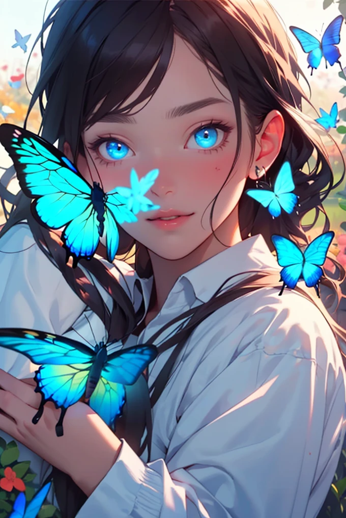 1 girl, 1 boy, princess hug, flower bush, masterpiece, best quality, delicate facial features, glowing butterflies, beautiful eyes, beautiful face