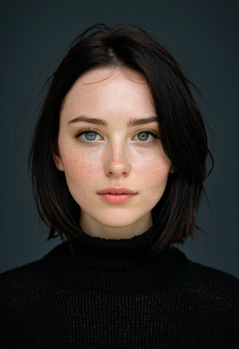 features a young individual with pale skin and dark hair cut to slightly below chin length. Their eyes are a light color, and they possess prominent freckles across the cheeks and nose. The individual is gazing directly at the viewer, exhibiting a neutral to subtly pensive expression, with their head slightly tilted. They are wearing what appears to be a dark sweater or top. The background is a solid, warm-toned, coral-like color that contrasts with the subject's dark hair and pale complexion, bringing focus to their face and expression.