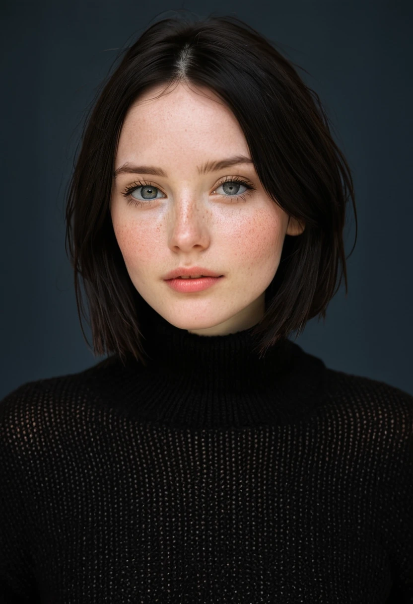  features a young individual with pale skin and dark hair cut to slightly below chin length. Their eyes are a light color, and they possess prominent freckles across the cheeks and nose. The individual is gazing directly at the viewer, exhibiting a neutral to subtly pensive expression, with their head slightly tilted. They are wearing what appears to be a dark sweater or top. The background is a solid, warm-toned, coral-like color that contrasts with the subject's dark hair and pale complexion, bringing focus to their face and expression.