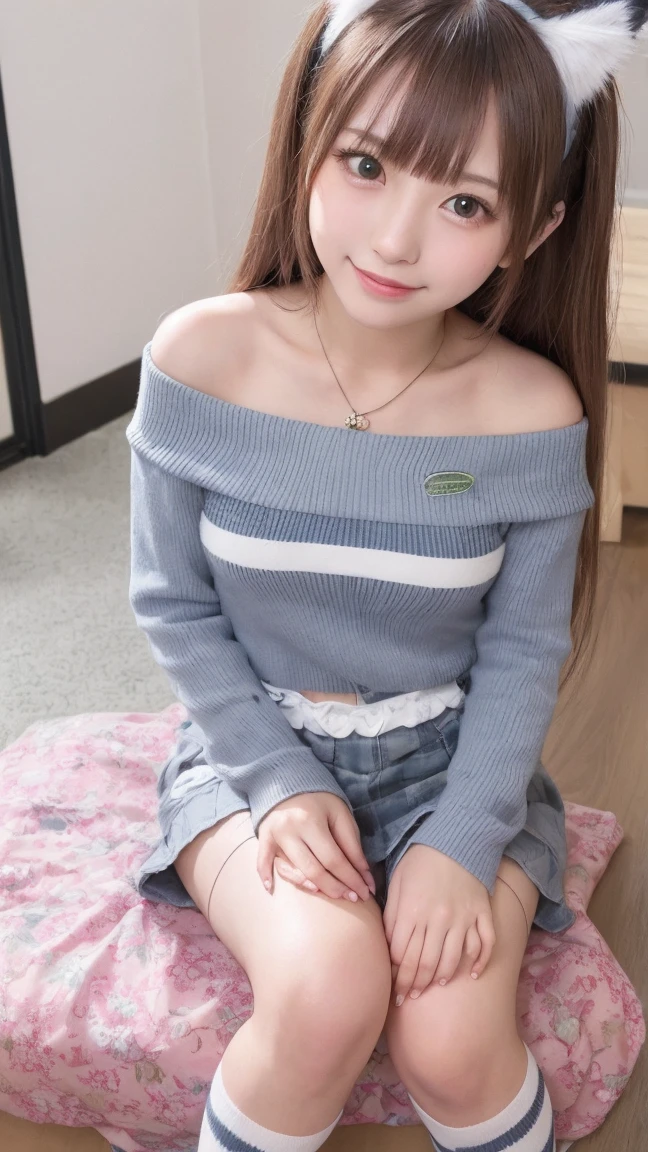 Cat Cafe、Eye patch、Flower Hair Ornaments、Cat ear、smile、Looking into the camera、necklace、Off-the-shoulder striped bare top、Smooth and stretchy material、Navel exposed、Exposed upper arms、Blue and green striped knee-high socks、Skirts for 、Super Long Twin Tail Hair、Close-range shooting