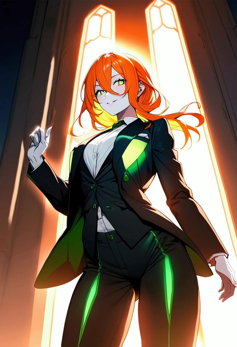 sexy, white skin, anime woman, happy, glowing green eyes, extremely short glowing orange hair, wearing a suit, big