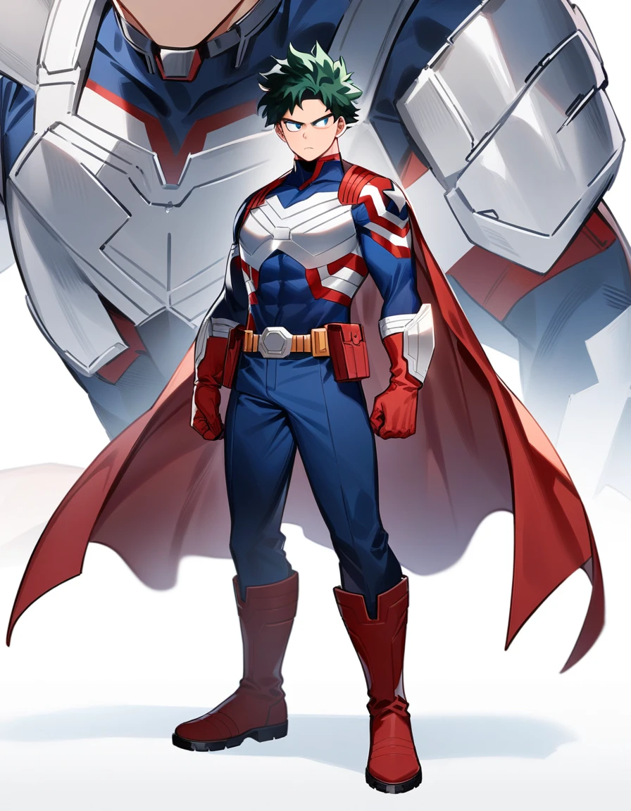 One boy, male focus, brown short hair, boku no hero academia, Izuku Midoriya look alike, masterpiece, best quality, very aesthetic, blue, red, white and silver super hero suit, Dark blue chest armor with a white star on the center of the chest. Red and white accents, Red gloves with silver details and a white star on top, Fitted Dark blue pants with red and white accents and a utility belt, Durable Dark red boots with silver details, Red cape with white edges, short and flowing, captain america like suit, proportionally anatomical, full body illustration, The posture should be upright and confident, with a serious facial expression.