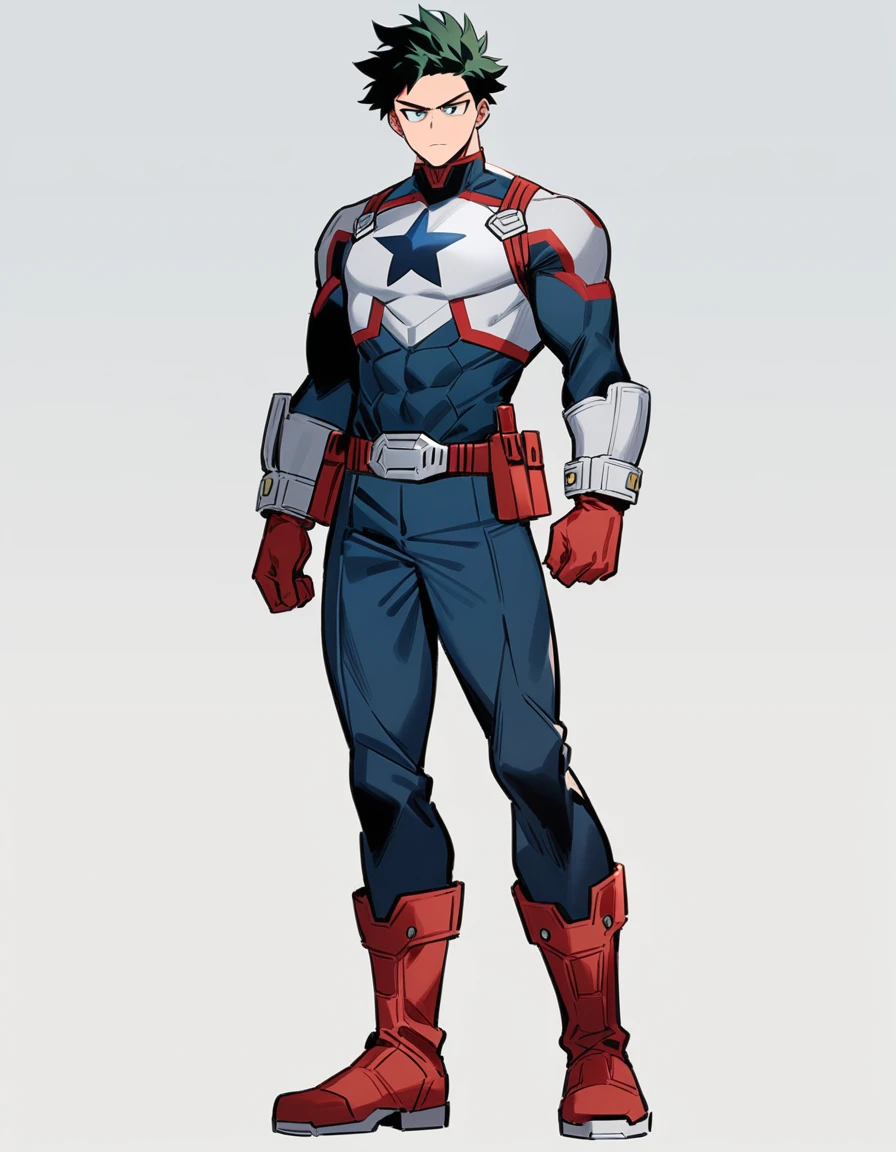 One boy, male focus, brown short hair, boku no hero academia, Izuku Midoriya look alike, masterpiece, best quality, very aesthetic, blue, red, white and silver super hero suit, Dark blue chest armor with a white star on the center of the chest. Red and white accents, Red gloves with silver details and a white star on top, Fitted Dark blue pants with red and white accents and a utility belt, Durable Dark red boots with silver details, Red cape with white edges, short and flowing, captain america like suit, proportionally anatomical, full body illustration, The posture should be upright and confident, with a serious facial expression.