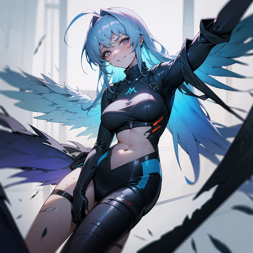 echanis_enicha, simple background, incredible high-key lighting, masterpiece, thighup shot, cowboy shot, high quality, ambient soft lighting, 4K, 1girl, alternate breast size, belly, breasts, big breasts, glowing, long hair, feathered bangs, bangs, feathered hair, navel, solo, stretching, futuristic, (gleaming skin), (sweating), (heavy breathing), thick, curvy, bodysuit, sleek bodysuit, techsuit, ahoge, looking at viewer, thigh highs, thigh strap, skindentation, ((transparent clothes)), navel, ((navel window)), midriff, tight, casual stance, underboob, boob window, ((slit eyes)), skinktight, asymmetrical clothes, best quality, realistic, absurdres, perfect shadows and lighting, ((torn clothes)) character study, wings, draconic wings, feathers, scales, lappland, arknights, pale blue hair, smirking