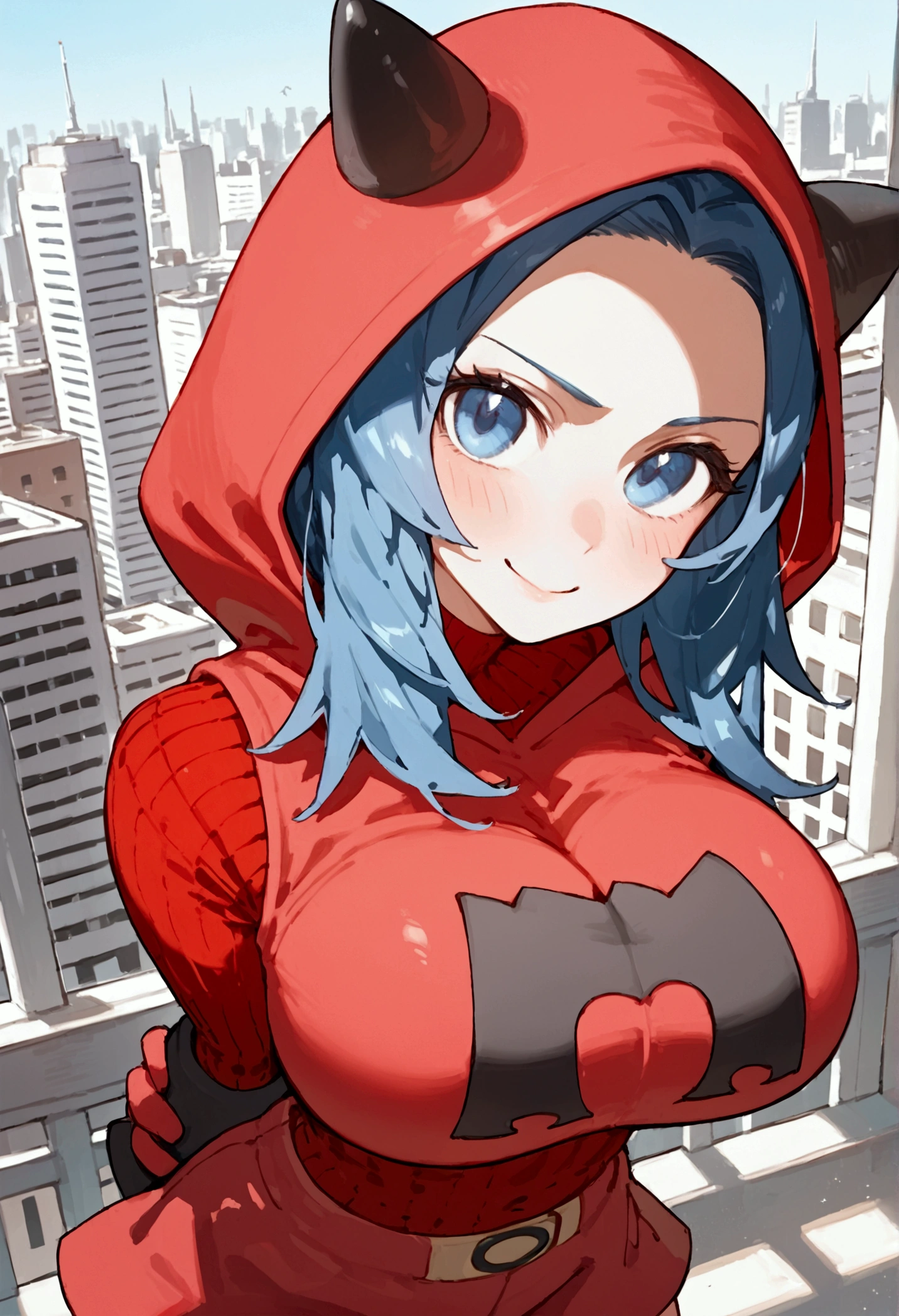 score_9, score_8_up, score_7_up, score_9, BREAK, GwenstacySDXL, 1girl,big breasts, solo, looking at viewer, score_9, score_8_up, score_7_up, score_6_up, source_anime BREAK 1girl, pkmntmg, hood, blue hair, fake horns, red hoodie, turtleneck, ribbed sweater, red shorts, gloves, light smile, blush, from above, arms behind back, city