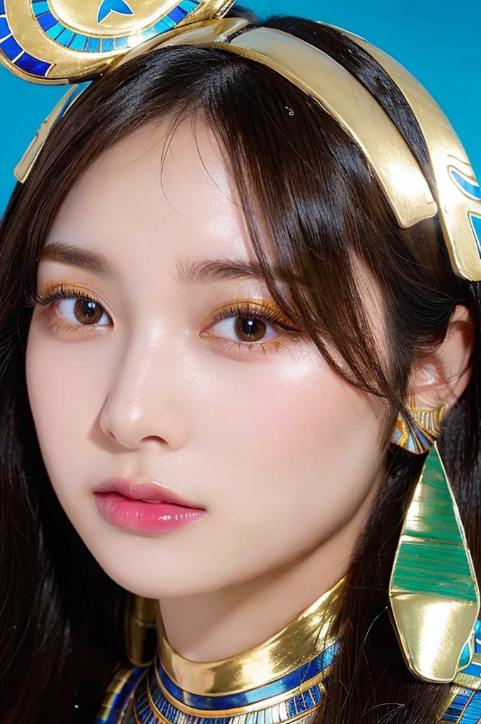 high-level image quality, 1 female,(((Egyptian costume 1.3))), ((Detailed face:1.2)), pale skin, (cold color), moist, reflector stay piece, (perfectly proportions), (photos realistic), (Best Quality), photographed in a Canon EOS R5, 50mm Lens, (8K), very long upper eyelashes, very long lower eyelashes, Detailed lashes, Curled eyelashes, Natural eyes, very beautiful eyelashes