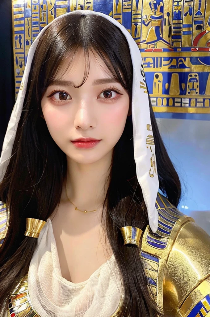 high-level image quality, 1 female,(((Egyptian costume 1.3))), ((Detailed face:1.2)), pale skin, (cold color), moist, reflector stay piece, (perfectly proportions), (photos realistic), (Best Quality), photographed in a Canon EOS R5, 50mm Lens, (8K), very long upper eyelashes, very long lower eyelashes, Detailed lashes, Curled eyelashes, Natural eyes, very beautiful eyelashes