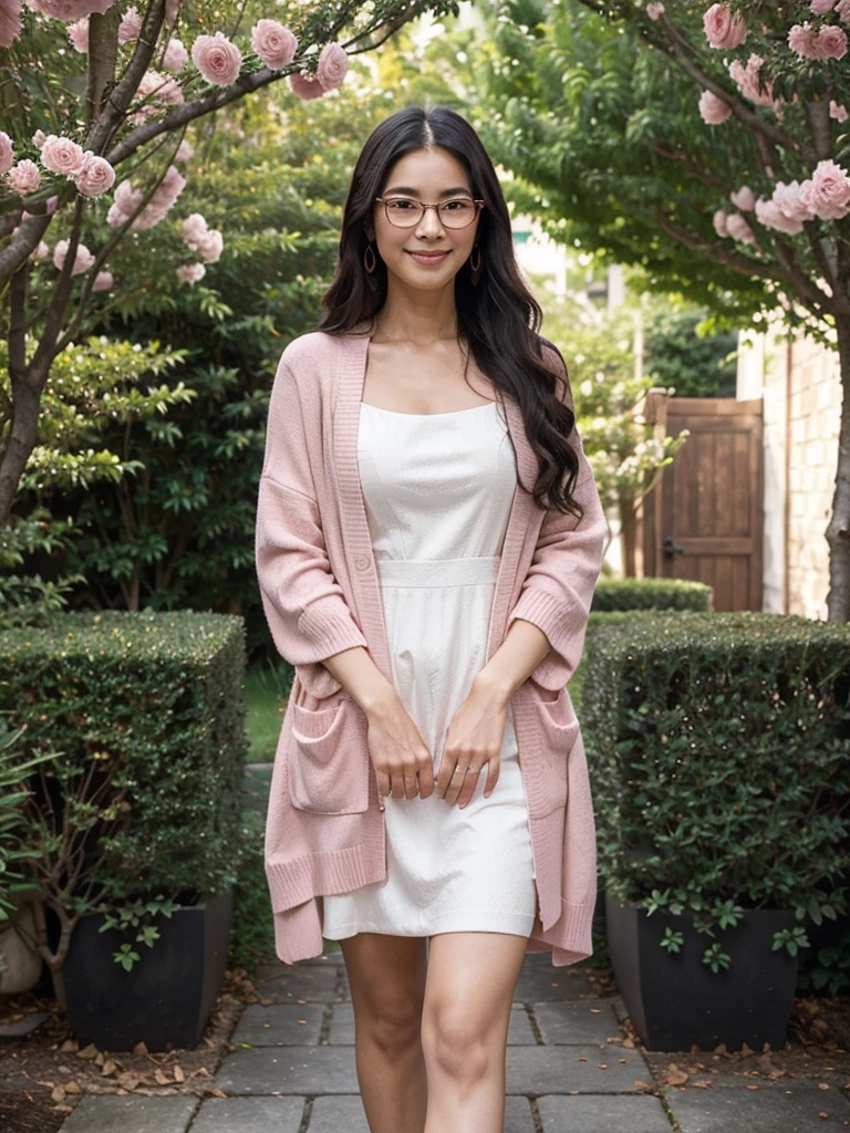 An elegant Asian woman standing in a garden. She wore a long red cardigan, over a black dress, high heels, black rimmed glasses, and dangling earrings. Long hair, dark, and wavy. He smiled warmly and looked directly at the camera. The background is filled with blooming pink roses, creates a soft and romantic atmosphere. The lighting is soft and charming, accentuate the features and texture of clothing. The overall atmosphere is elegant and feminine.
