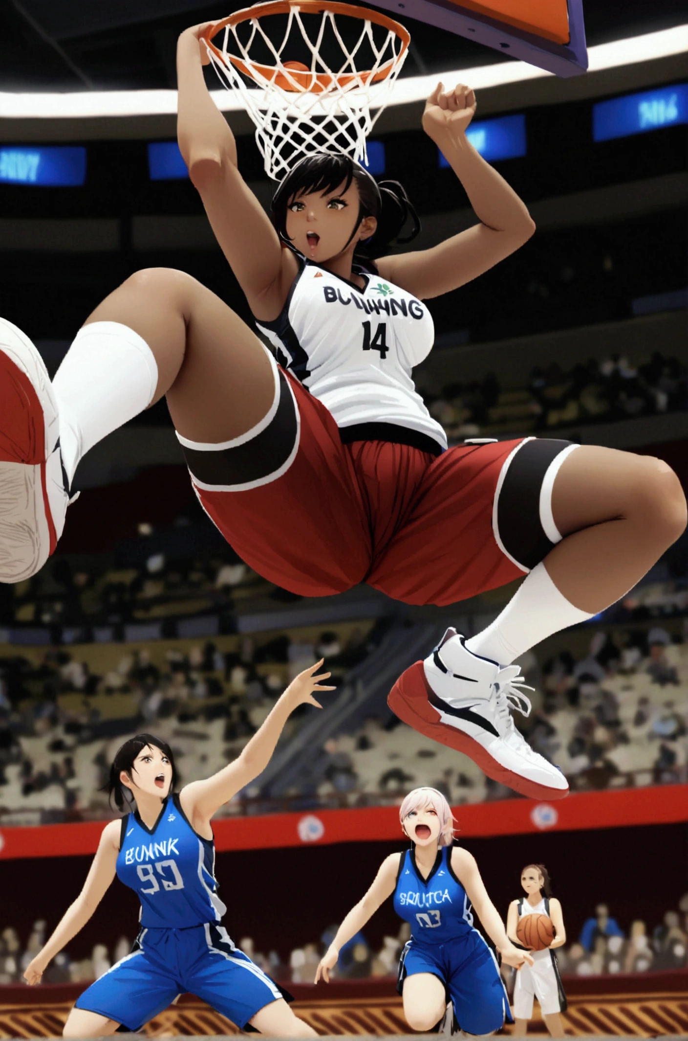 the moment of Game-Winning Dunk by beautiful busty female basketball player, full body shot, huge breasts