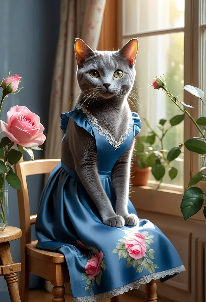 Realistic portrait of an animal in clothes - beautiful Russian Blue cat, painter,(He is painting a picture of a rose flower on a standing canvas while sitting on a wooden chair by a window in an interior room surrounded by beautiful plants), high quality,(Lovely) ,Intricate details, Very detailed ((Elegant floral one-piece dress) ,Very detailed decorations,, (Happy), Natural light,Evening Light、Magic Hour(Full body image:1.5)