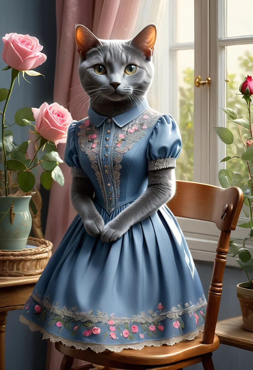 Realistic portrait of an animal in clothes - beautiful Russian Blue cat, painter,(He is painting a picture of a rose flower on a standing canvas while sitting on a wooden chair by a window in an interior room surrounded by beautiful plants), high quality,(Lovely) ,Intricate details, Very detailed ((Elegant floral one-piece dress) ,Very detailed decorations,, (Happy), Natural light,Evening Light、Magic Hour(Full body image:1.5)