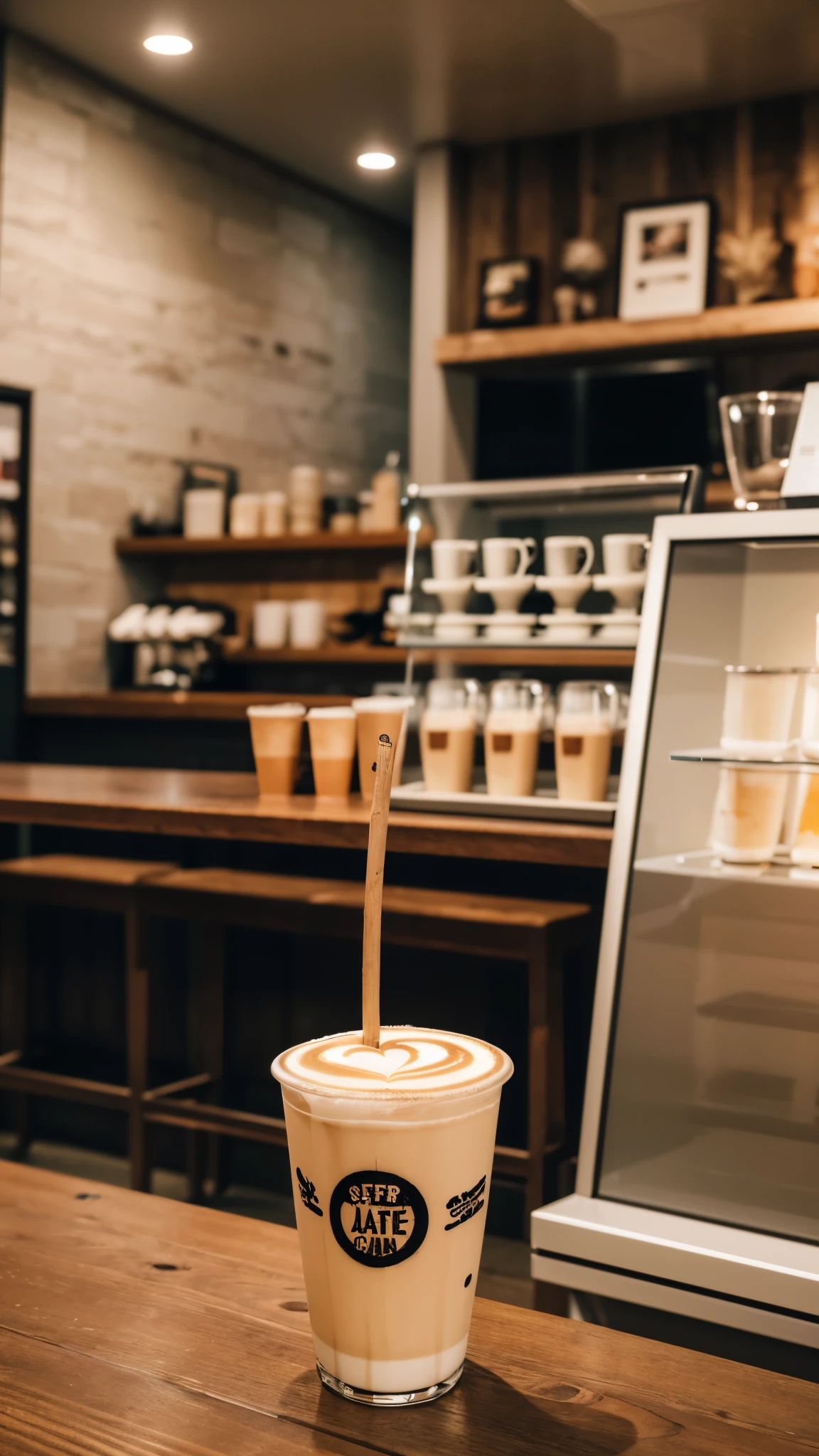 (masterpiece:1.2),(Highest quality),(Super detailed),(High resolution),(Photorealistic Stick),(RAW Photos),8K,Cinema Lighting,Food promotional photos,(Written boundary depth),(Sophisticated lighting:1.2),Cafe latte,Latte Art,Stylish café