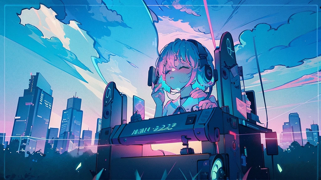 masterpiece,ultra realistic,32k,extremely detailed CG unity 8k wallpaper, best quality, 1 girl, full body, fallen, in the sky, headphone, (cloudy:1.1), lofi color, neon color,