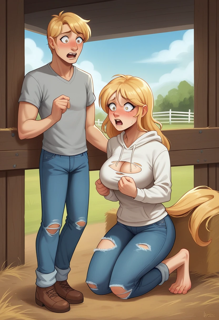 lap, looking shocked, next to a horse, looking surprised, painful expression, ( two horses with white fur with gray spots), not too fat, digitigrade, female, clothes, breast, bust, wearing a grey hoodie and blue jeans , BREAK (by zackary911, by braeburned, by haps), (transformation:1.2), on knees, ripped clothes, (human face:1), longish blonde hair, fur, in a barn, next to a horse with the same fur, there is a guy also in the barn staring at her, BREAK
