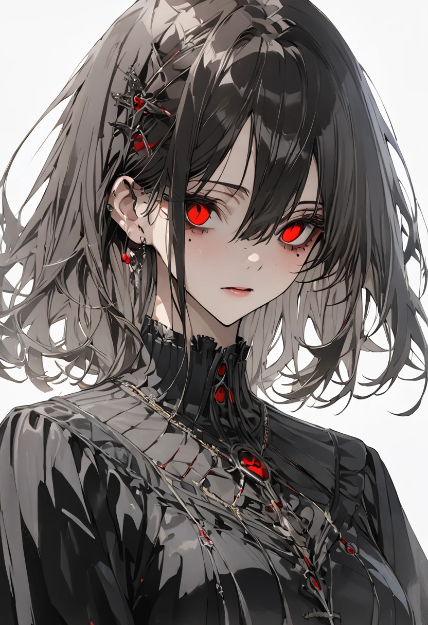 One girl, Striped Hair, Black Hair, Hair between the eyes, Mole under the eye, Hollow Eyes, High detail, Conceptual Art, anime, Gothic art, masterpiece, Super detailed, High details, high quality, 最high quality