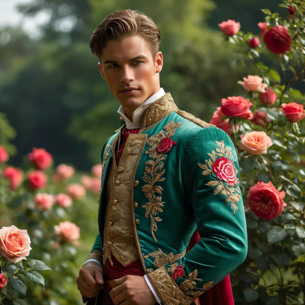 Create an image of a young man inspired by the characteristics of the rose 'The Prince.' He standing with a relaxed yet confident posture, against a red rose bush. wear a Jockstrap deep rich dark red-purple color, thick bulge focus, with Victorian-inspired robe adorned with intricate embroidery and subtle thorn-like details on his accessories. His attire should echo the complex, multi-petaled structure of the rose, with layers and textures that add depth to his appearance. The composition should center on the young man, with a slight off-center placement to draw the eye towards him while still incorporating of garden background. The lighting should be soft and diffused, with golden-hour sunlight filtering through the leaves, creating a warm, inviting atmosphere. Use a shallow depth of field to keep the focus on the subject while gently blurring the background, enhancing the dreamy, almost ethereal quality of the scene. The environment should be a well-tended garden, with glossy green leaves and blooming roses that match the man's attire, creating a harmonious blend between the subject and his surroundings. The atmosphere should be serene and regal, with a hint of mystery and romance. Photography techniques should include a low-angle shot to emphasize the young man's stature and elegance, and a slight tilt to add a dynamic element to the composition. Use a full-frame DSLR or mirrorless camera, such as a Canon EOS R7 paired with a prime lens like an 85mm f/1.4 to achieve a beautiful bokeh effect and sharp subject focus. by Tim Walker known for his fantastical and richly detailed fashion photography, which often features elements of nature and a dreamlike Hight quality.