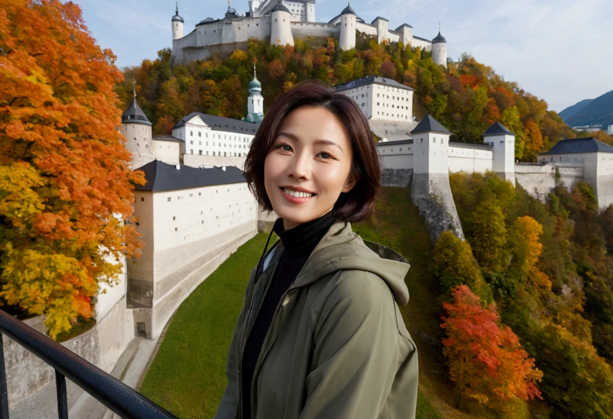 high quality, 1 woman, ((36-year-old healthy Korean woman)), ((36 years old)), 1 woman, eyes are big and beautiful. ((slim)), ((short medium hair)), Smile. pose: standing, windbreaker jacket, background:Your residence is a baroque townhouse with a plaster façade and wrought iron railings.., autumn, Maple, Overlooking the Salzach River and Hohensalzburg Fortress, looking slightly up, 1 woman, Full body shot with Canon 16-34 wide angle lens, river view