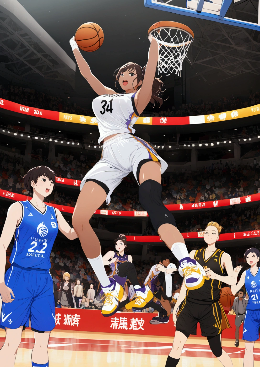 the moment of Game-Winning Dunk by beautiful busty female basketball player, full body shot, huge breasts