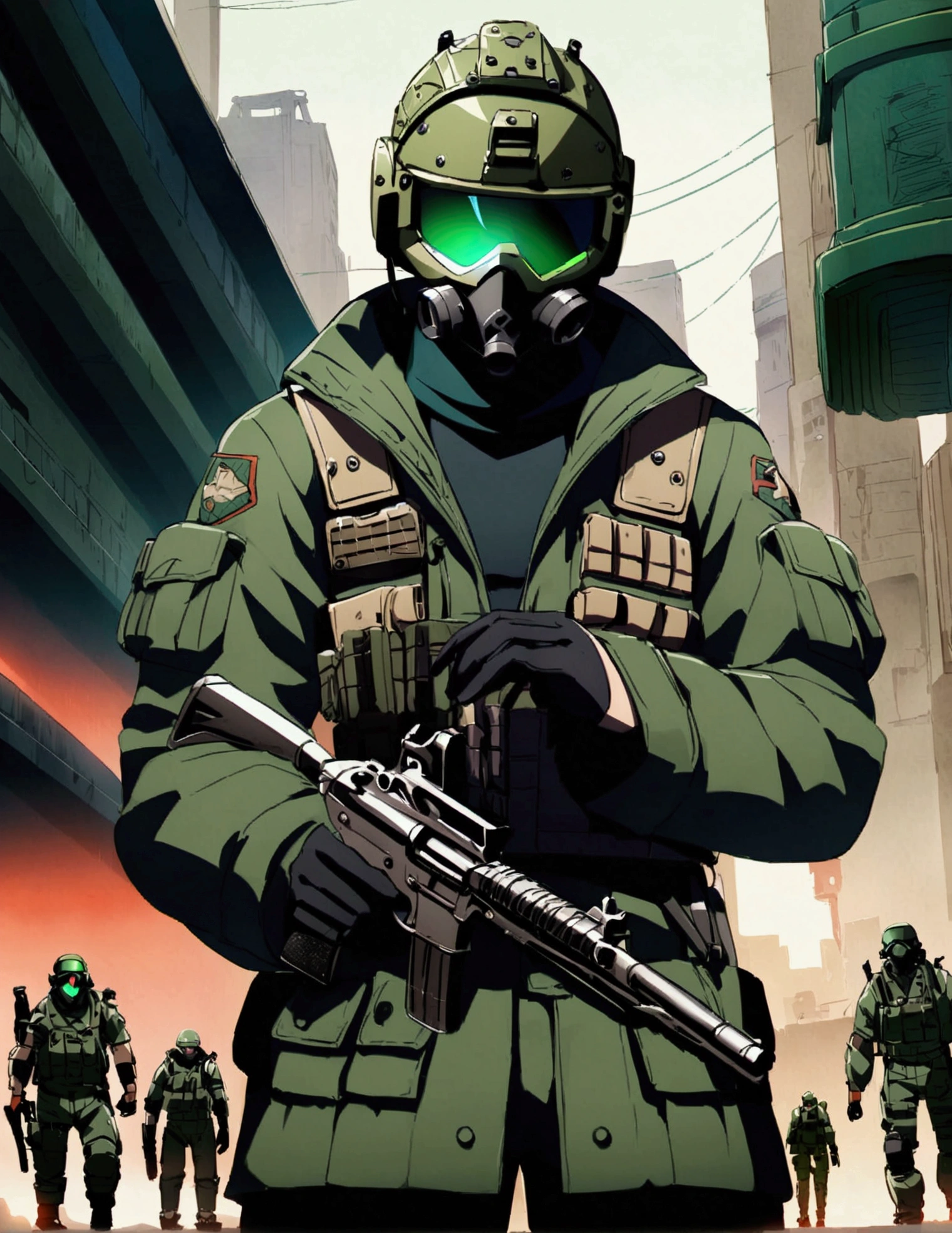 Patched padded cargo pants, Dark Green parka, Shearing lined parka. Turtleneck combat shirt, full head and face tactical helmet, webbing rig. Shoulder, wrists, and chest armor. face always hidden, bionic arm. Soldier, Sci-fi, Green lenses, m50 gas-mask, green lenses, flecktarn camouflage helmet, Green mask lenses, green visor, green goggles. Post apocalyptic city background, revolver in hand flecktarn camouflague, Black gloves, Dark green parka, dark green camo, Dark green coat, coat parka, knee lenght coat, black shit, black shirt with dark green coat, high quality, Background contrast, slightly_red background, black mask, anime style, smooth.