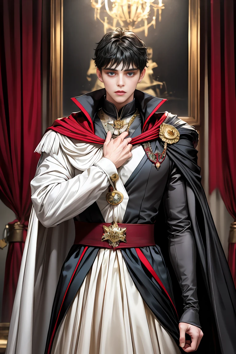 masterpiece, 最high quality, high quality, 1 boy, alone, Male focus, Watching the audience, Messy black hair, Adorable big blue eyes, White people, Noble, Noble,A sexy, voluminous, puffy cape、vampire、A very voluminous, large, very large, very large, long, long red and black cape with a high stand-up collar, made of a lot of fabric that reaches down to the floor., ,Cute beautiful boys,Cute, cute, kind, handsome guy