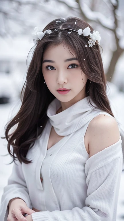 Beautiful detailed woman,very detailed eyes and faces, A detailed eye, ultra - detailed, A high resolution, The is very detailed,best qualtiy,illustratio,unified,8k wallpaper,tmasterpiece,best qualtiy,1girll,,georgeous looks,full bodyesbian,flowing robe,Super beautiful face, super beautiful eye,Flowing hair, Shawl hair,Simple hair accessories,full bodyesbian,Plain white dress,long yarn,Beautiful picture,snowy day,snowfield,clubs,See plum blossoms in the snow,enjoying,gentleness,Casual pose