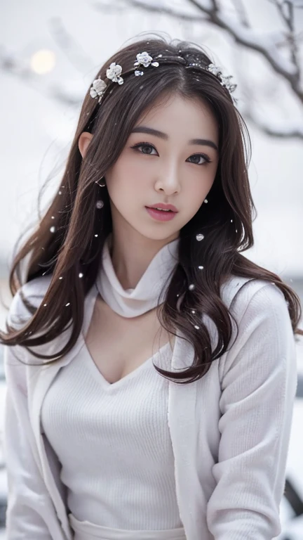 Beautiful detailed woman,very detailed eyes and faces, A detailed eye, ultra - detailed, A high resolution, The is very detailed,best qualtiy,illustratio,unified,8k wallpaper,tmasterpiece,best qualtiy,1girll,，georgeous looks，full bodyesbian，flowing robe，Super beautiful face, super beautiful eye,Flowing hair， Shawl hair，Simple hair accessories，full bodyesbian，Plain white dress，long yarn，Beautiful picture，snowy day，snowfield，clubs，See plum blossoms in the snow，enjoying，gentleness，Casual pose