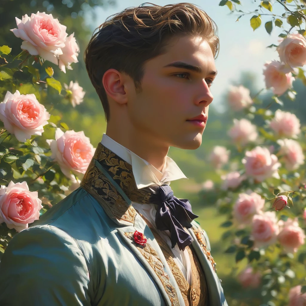 Create an image of a young man inspired by the characteristics of the rose 'The Prince.' He standing with a relaxed yet confident posture, against a red rose bush. wear a Jockstrap deep rich dark red-purple color, thick bulge focus, with Victorian-inspired robe adorned with intricate embroidery and subtle thorn-like details on his accessories. His attire should echo the complex, multi-petaled structure of the rose, with layers and textures that add depth to his appearance. The composition should center on the young man, with a slight off-center placement to draw the eye towards him while still incorporating of garden background. The lighting should be soft and diffused, with golden-hour sunlight filtering through the leaves, creating a warm, inviting atmosphere. Use a shallow depth of field to keep the focus on the subject while gently blurring the background, enhancing the dreamy, almost ethereal quality of the scene. The environment should be a well-tended garden, with glossy green leaves and blooming roses that match the man's attire, creating a harmonious blend between the subject and his surroundings. The atmosphere should be serene and regal, with a hint of mystery and romance. Photography techniques should include a low-angle shot to emphasize the young man's stature and elegance, and a slight tilt to add a dynamic element to the composition. Use a full-frame DSLR or mirrorless camera, such as a Canon EOS R7 paired with a prime lens like an 85mm f/1.4 to achieve a beautiful bokeh effect and sharp subject focus. by Tim Walker known for his fantastical and richly detailed fashion photography, which often features elements of nature and a dreamlike Hight quality.