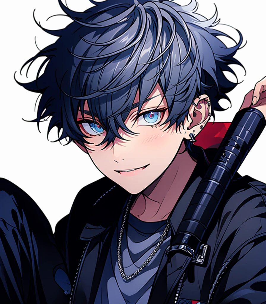 ((Highest quality)), ((masterpiece)), ((detailed)), Perfect Face,Beautiful youth, Blue Hair, short hair, blue eyes, Cool eyes, Long-term , Biceps,Black clothes,smile,Upper Body,No text