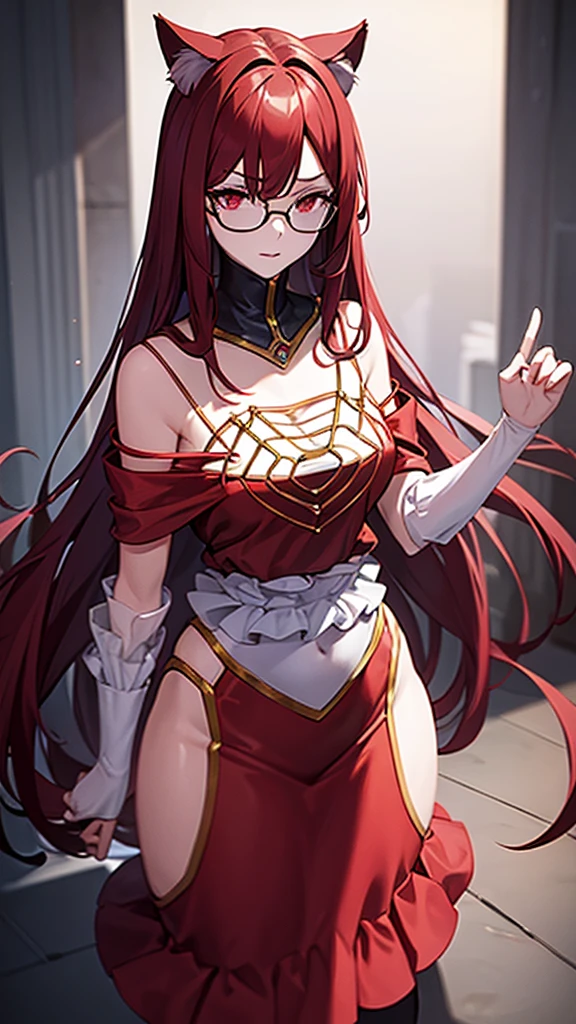 (Masterpiece), (best quality), A 20 year old female villain with long dark red hair, red eyes, chest with red cat ears, round glasses, black dress, standing.