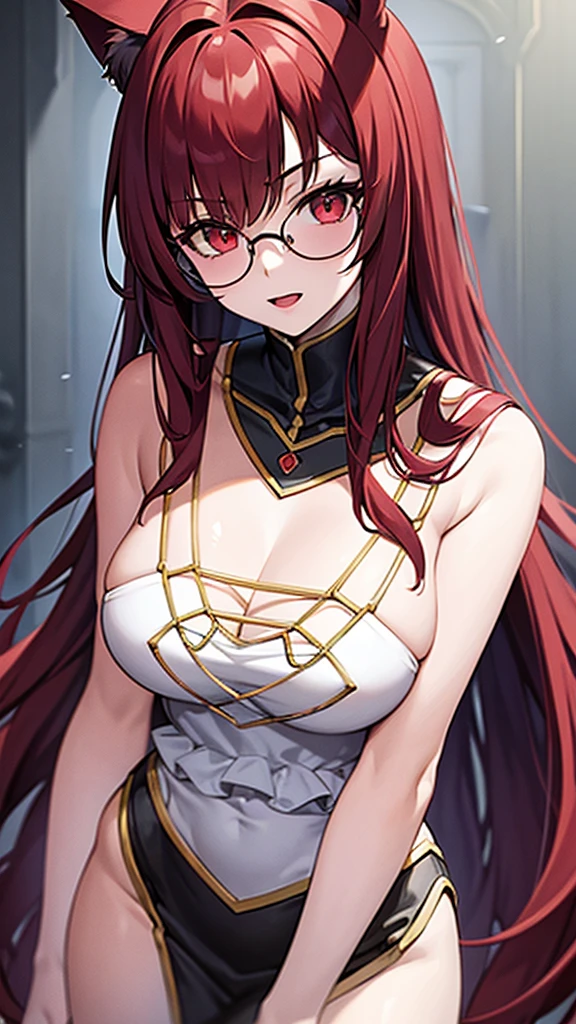 (Masterpiece), (best quality), A 20 year old female villain with long dark red hair, red eyes, chest with red cat ears, round glasses, black dress, standing.