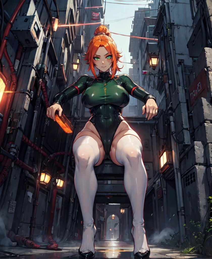 sexy, white skin, anime woman, happy, glowing green eyes, extremely short glowing orange hair, wearing a suit, big