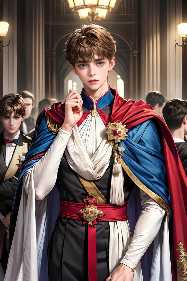 
masterpiece, 最high quality, high quality, 1 boy, alone, Male focus, Watching the audience,  Messy brown hair, Adorable big blue eyes, White people, Noble, Noble,Sexy voluminous cape、vampire、A very voluminous, large, very large, very large, long, long red and black cape with a high stand-up collar, made of a lot of fabric that reaches down to the floor., 17 years old,Cute beautiful boys,Cute, cute, kind, handsome guy