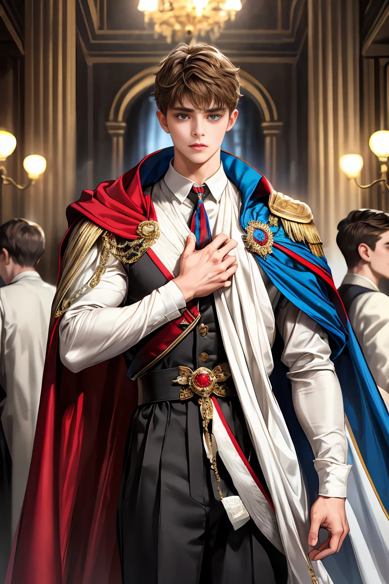 masterpiece, 最high quality, high quality, 1 boy, alone, Male focus, Watching the audience, Messy brown hair, Adorable big blue eyes, White people, Noble, Noble,Sexy voluminous cape、vampire、A very voluminous, large, very large, very large, long, long red and black cape with a high stand-up collar, made of a lot of fabric that reaches down to the floor., 17 years old,Cute beautiful boys,Cute, cute, kind, handsome guy