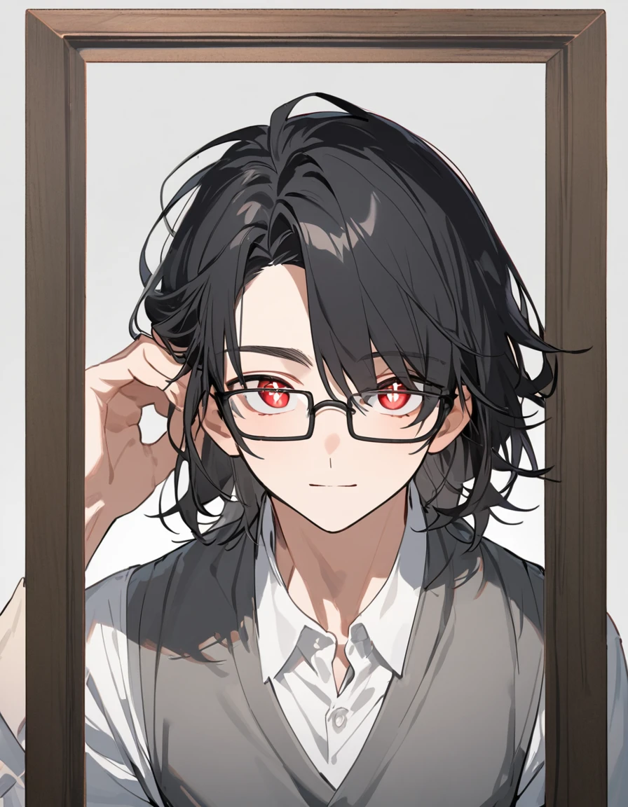 A man with Black hair with a short middle part and the ends of his hair is red, has red eyes and plus-shaped pupils, wears rectangular glasses With the frame below empty, he has a handsome, soft and kind face, he wears a white shirt and a gray vest, his appearance looks like a college student,,He looked at the camera with his gentle face