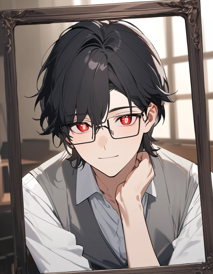 A man with Black hair with a short middle part and the ends of his hair is red, has red eyes and plus-shaped pupils, wears rectangular glasses With the frame below empty, he has a handsome, soft and kind face, he wears a white shirt and a gray vest, his appearance looks like a college student,,He looked at the camera with his gentle face